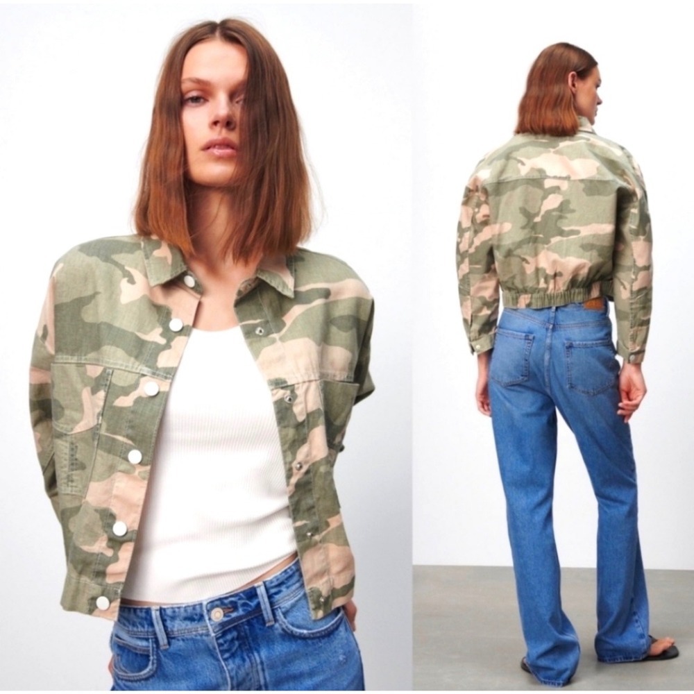 Zara Green Camo‎ Linen Blend Cropped Jacket, Womens Medium